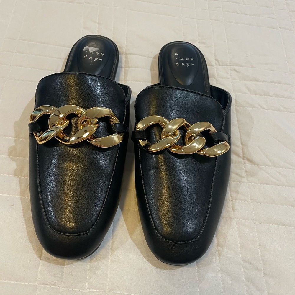 A New Day Black Mules with Bold Gold Chain